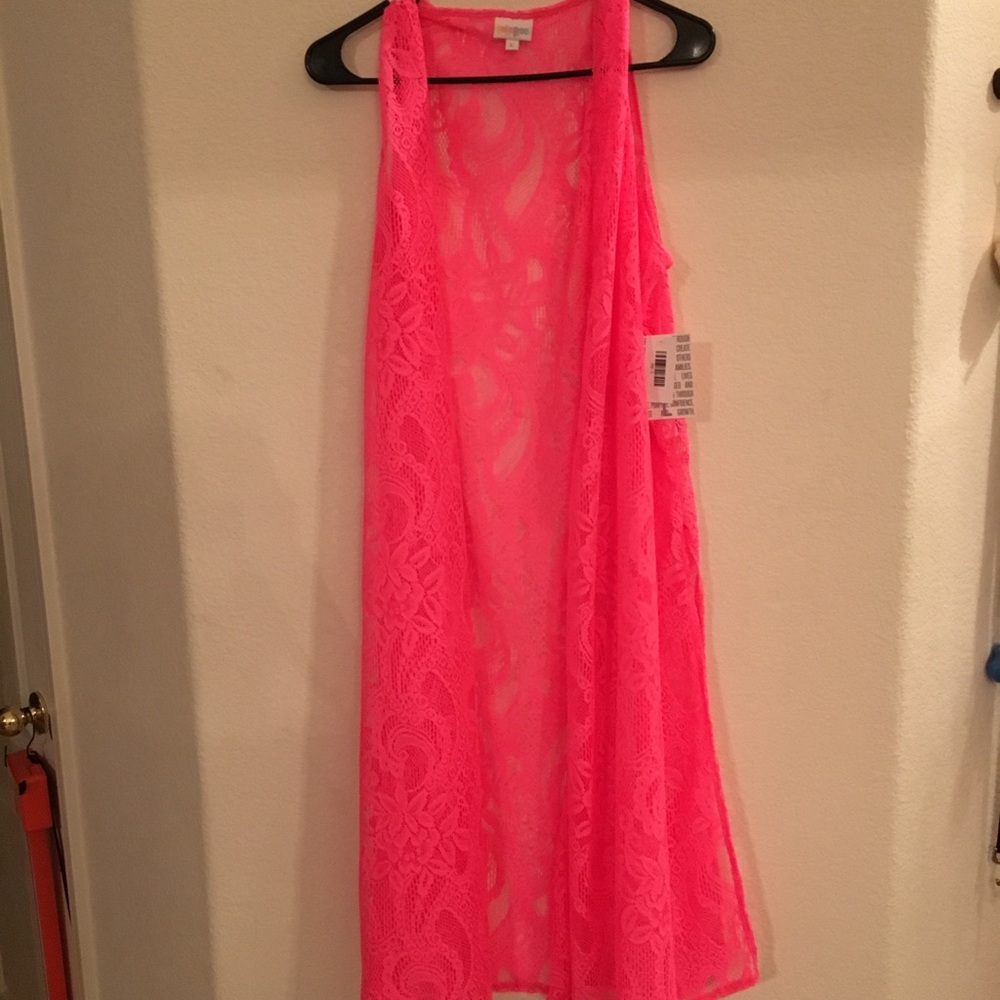 Lularoe Joy Cardigan Vest Hot Pink Lace L NWT